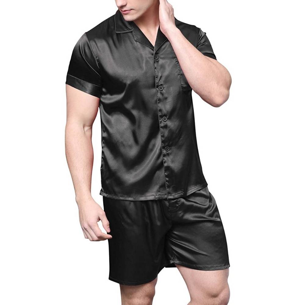 Mens Satin Pyjamas Set, Black, Extra Large