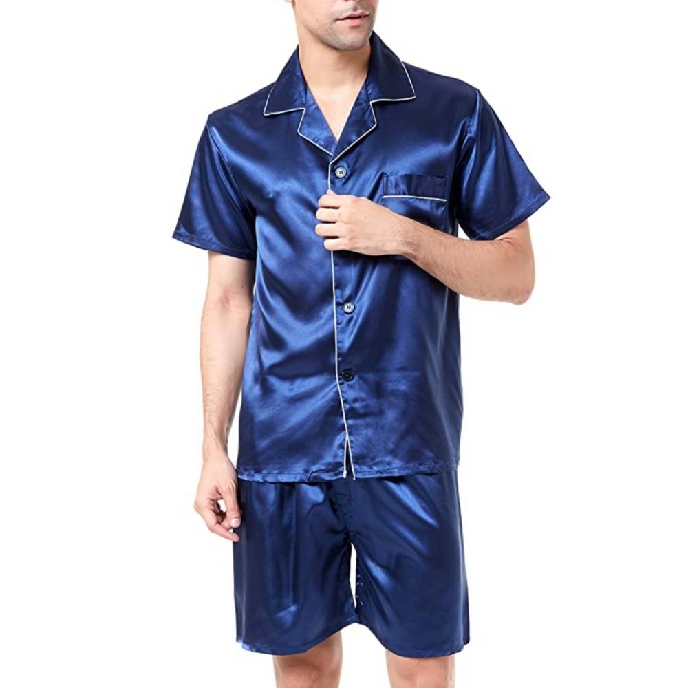 Mens Satin Pyjamas Set, Blue, Large