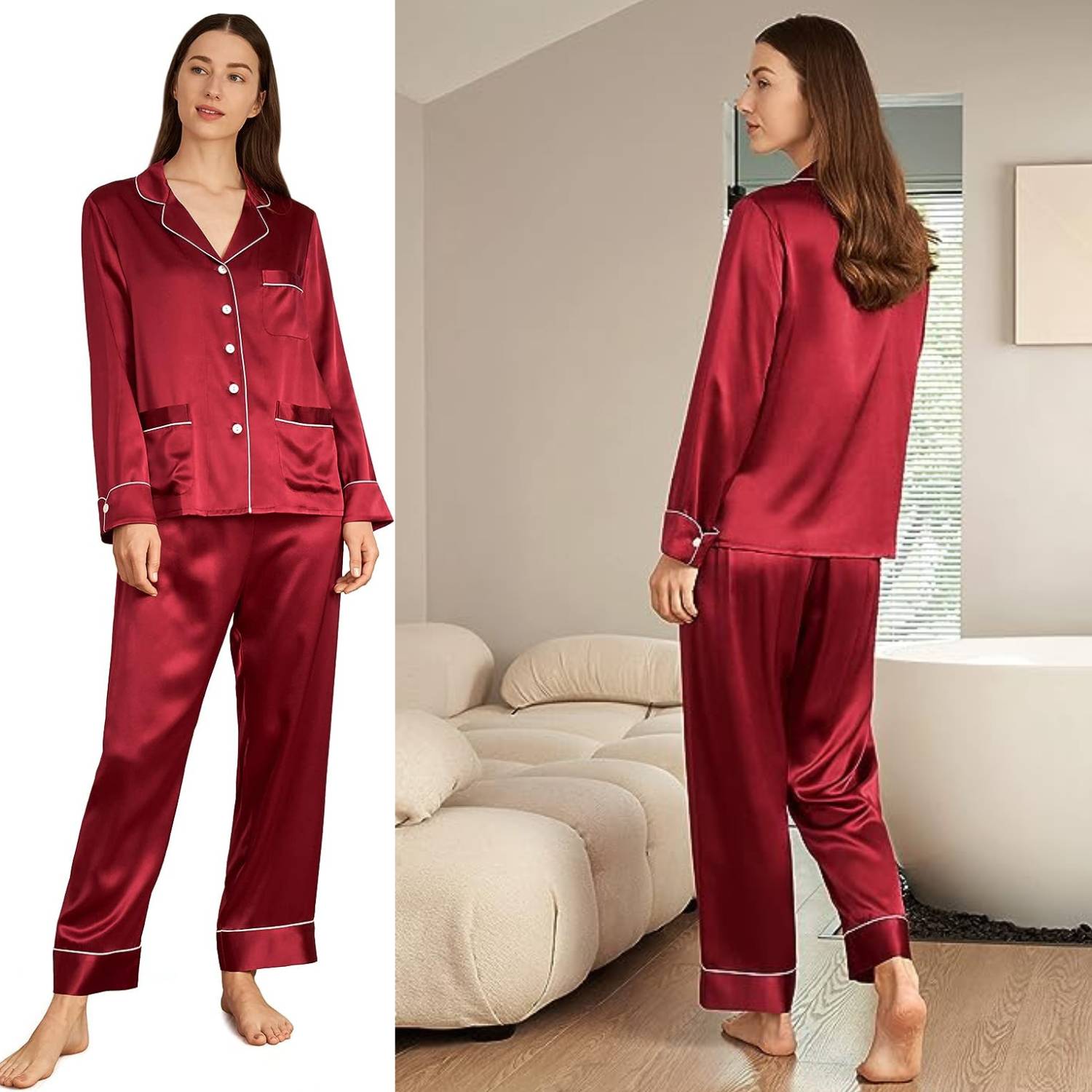 Mulberry Silk Long Pyjama Set, Red, Large