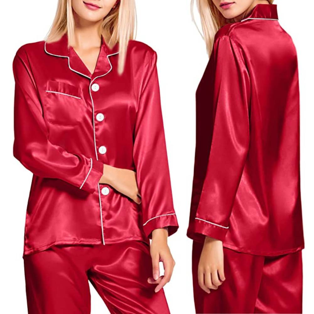 Satin Silk Long PJ Set, Red, Medium