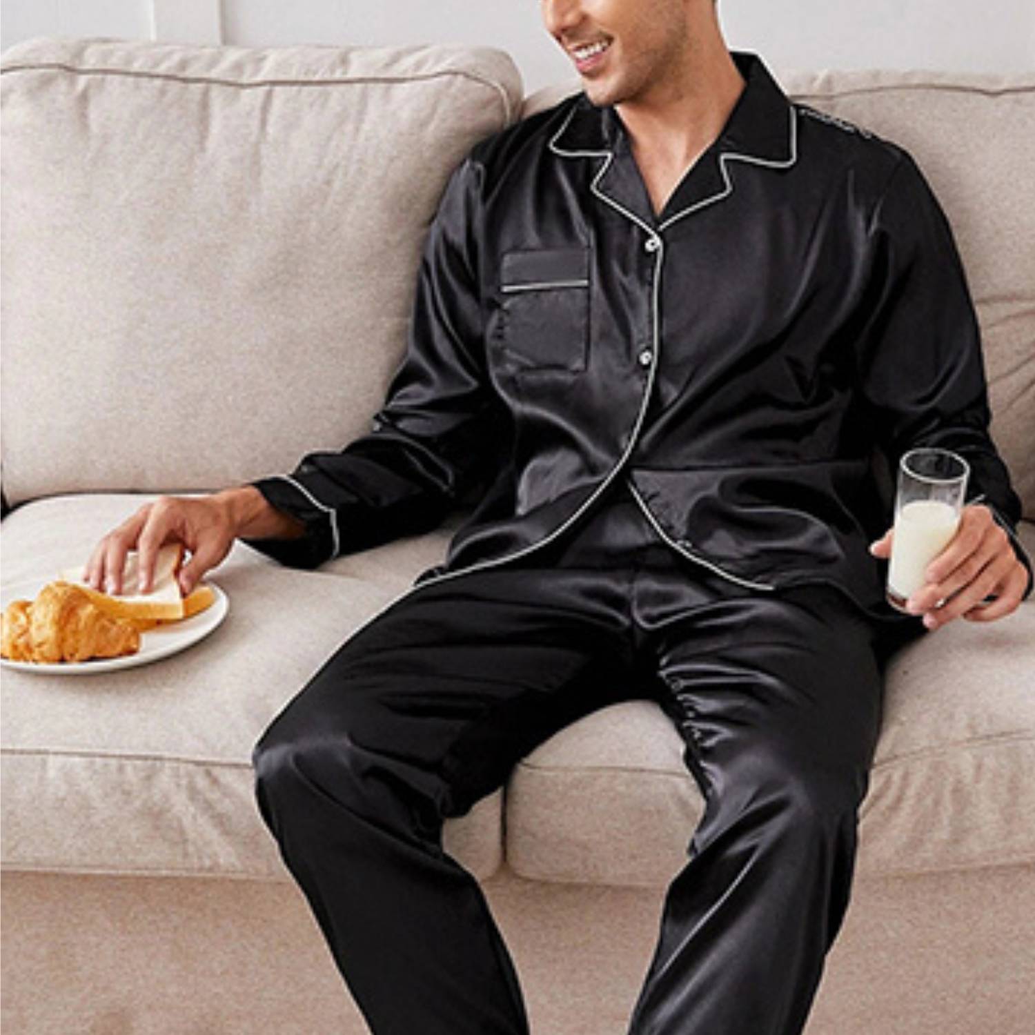 Silk Satin Pyjamas For Men - Black / L