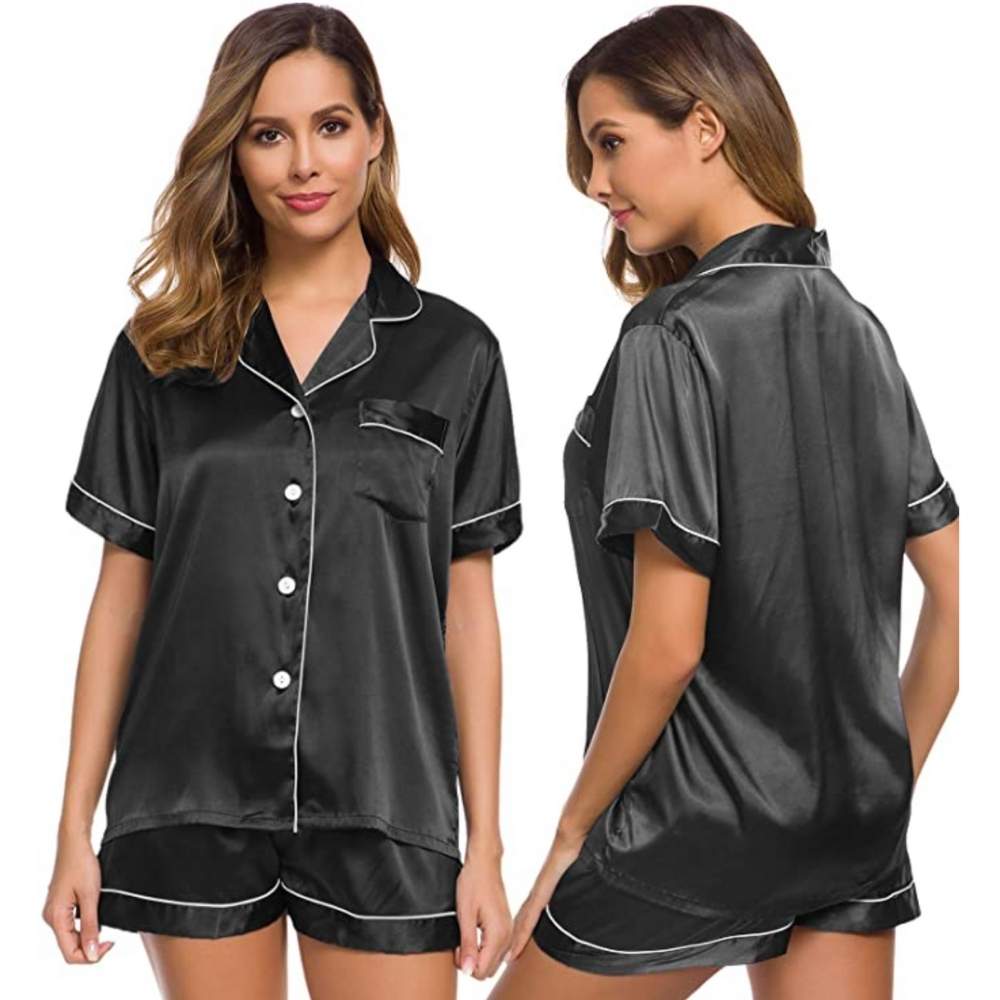 Womens Silk Satin Pyjamas, Black, Extra Large