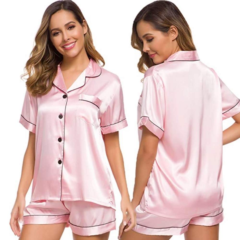 Womens Silk Satin Pyjamas, Pink, Extra Large