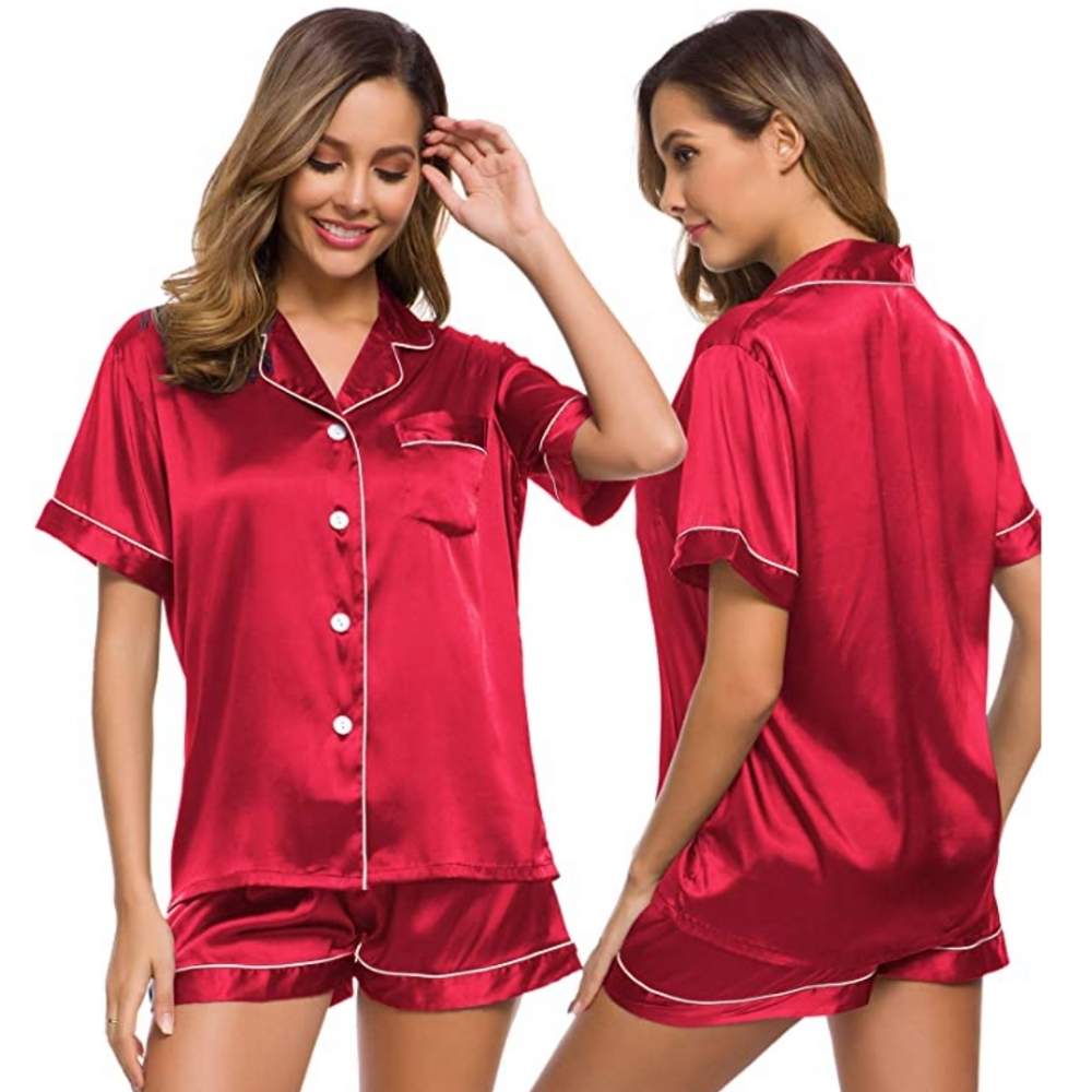 Womens Silk Satin Pyjamas, Red, 2XL